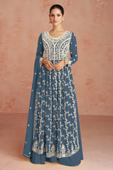 Teal Blue Viscose Jacquard Embroidered Salwar Suit