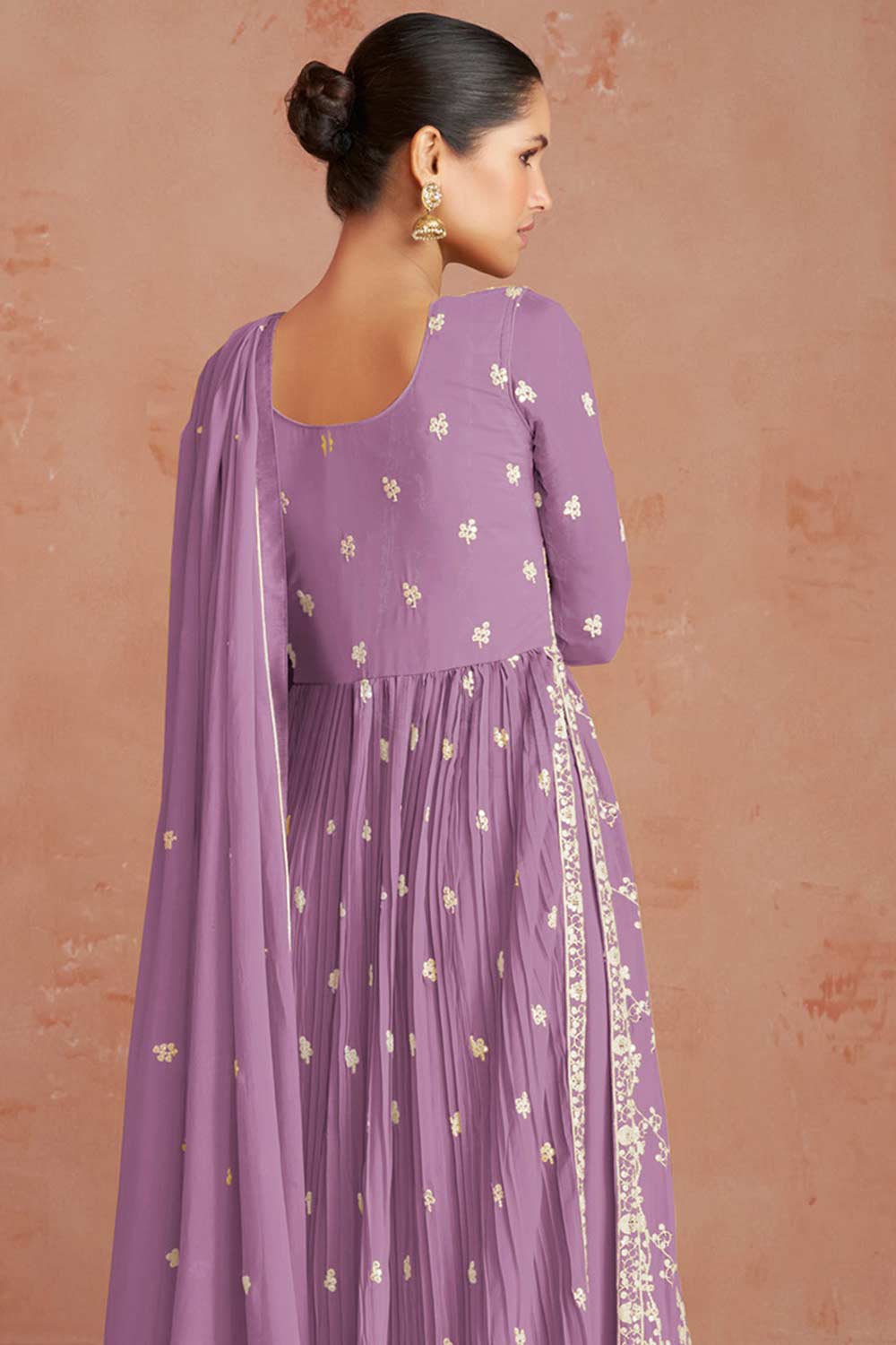 Lavender Faux Georgette Embroidered Palazzo Suit