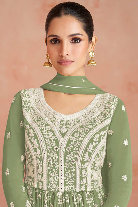 Olive Faux Georgette Embroidered Palazzo Suit