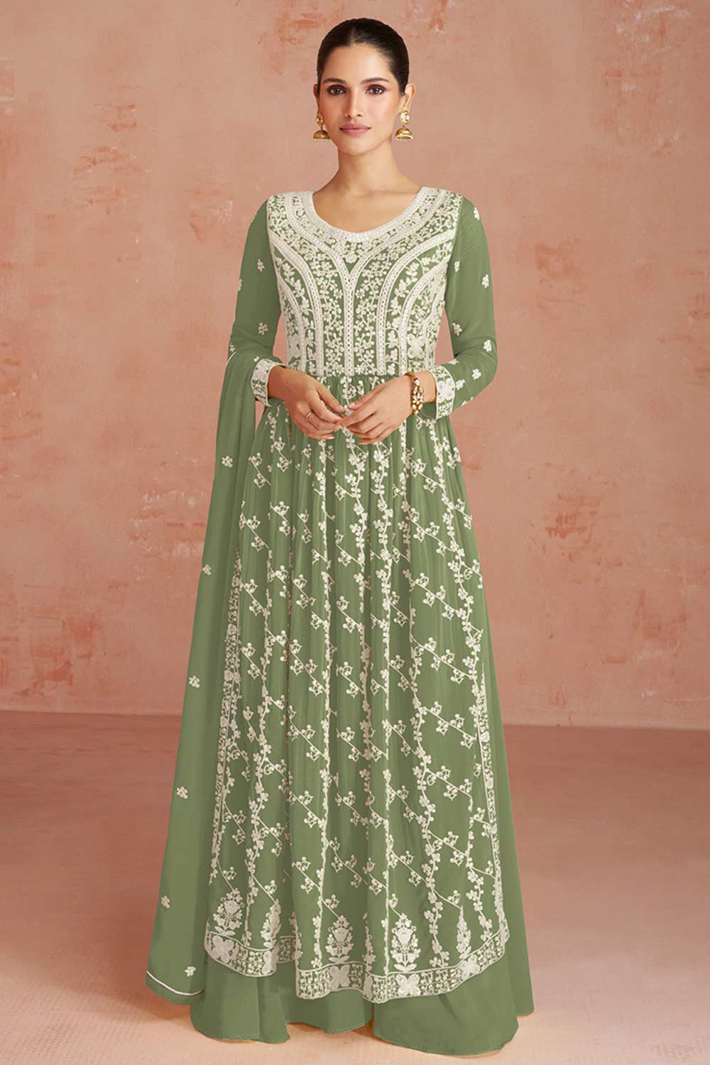 Olive Faux Georgette Embroidered Palazzo Suit