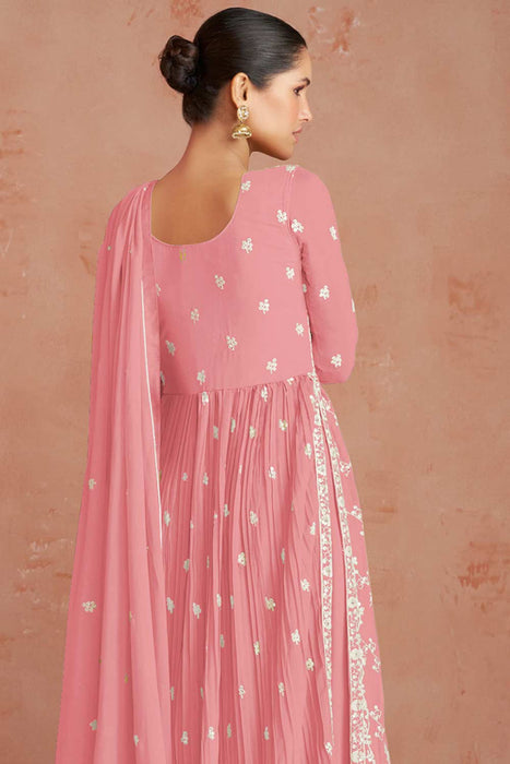 Women's Light Pink Color Georgette Embroidered Party Salwar Suit - Monjolika