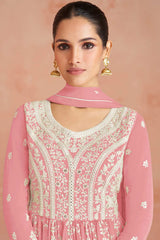 Salmon Faux Georgette Embroidered Palazzo Suit