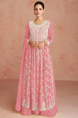 Salmon Faux Georgette Embroidered Palazzo Suit