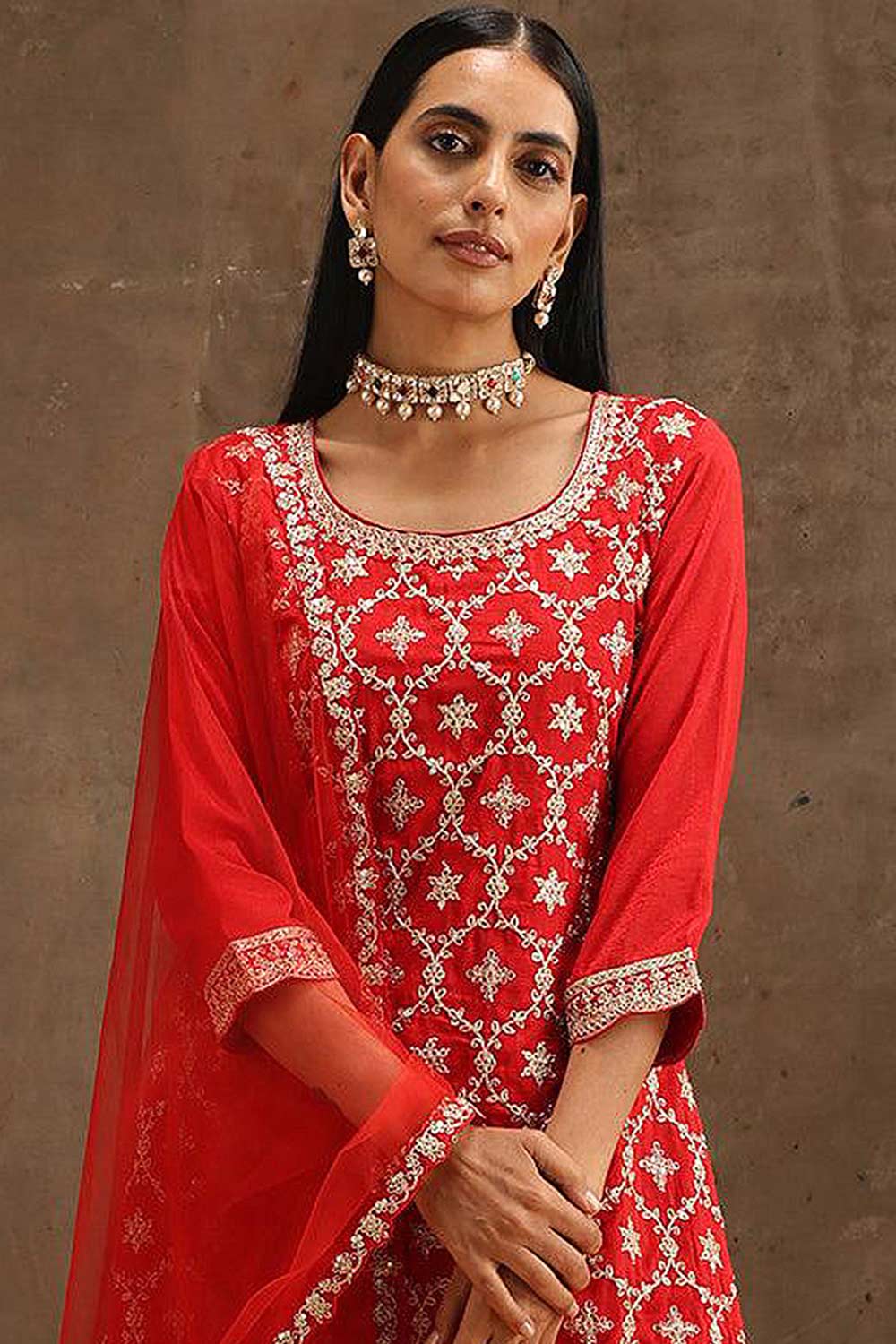 Red Georgette Embroidered Palazzo Suit