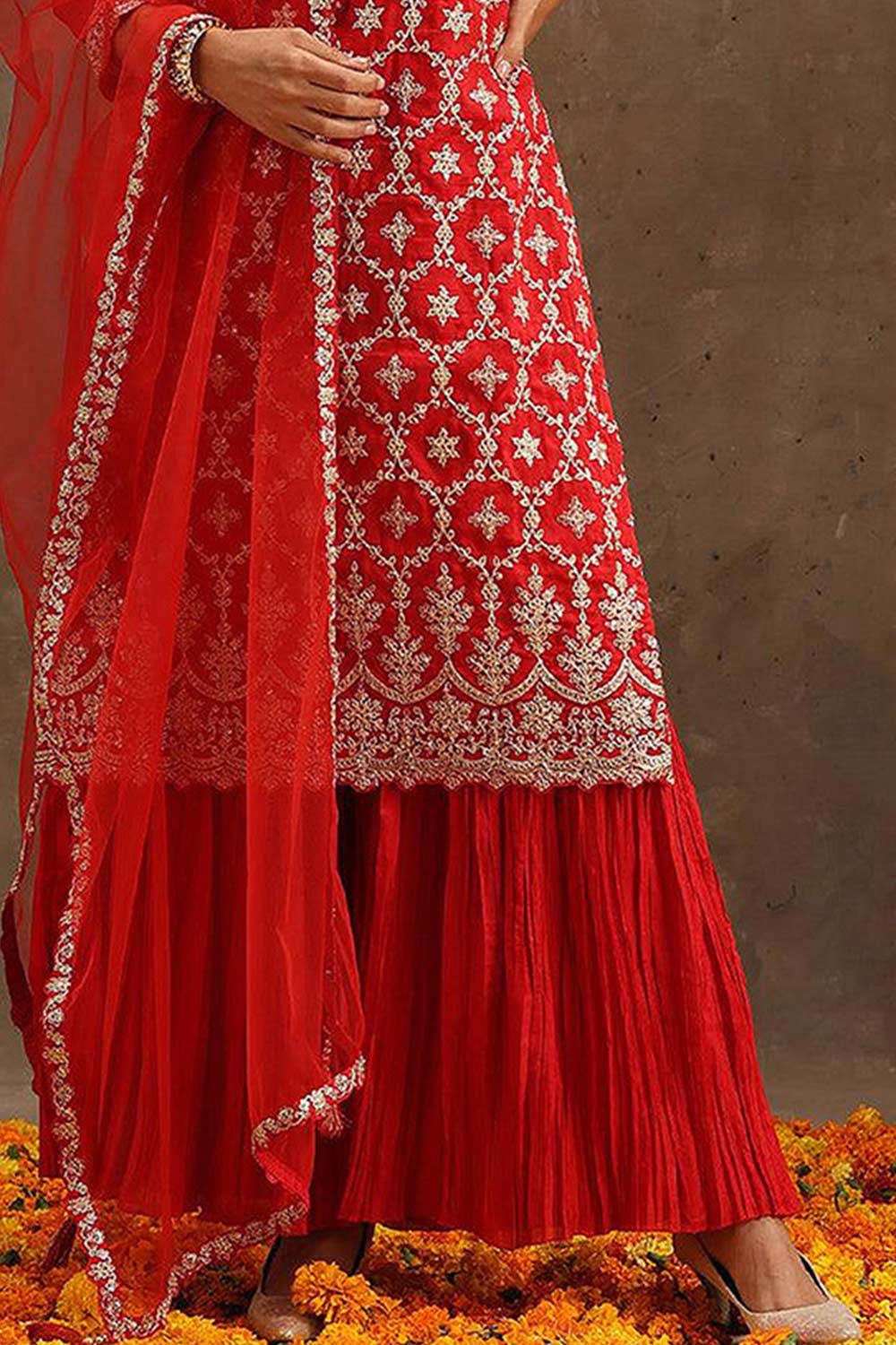 Red Georgette Embroidered Palazzo Suit