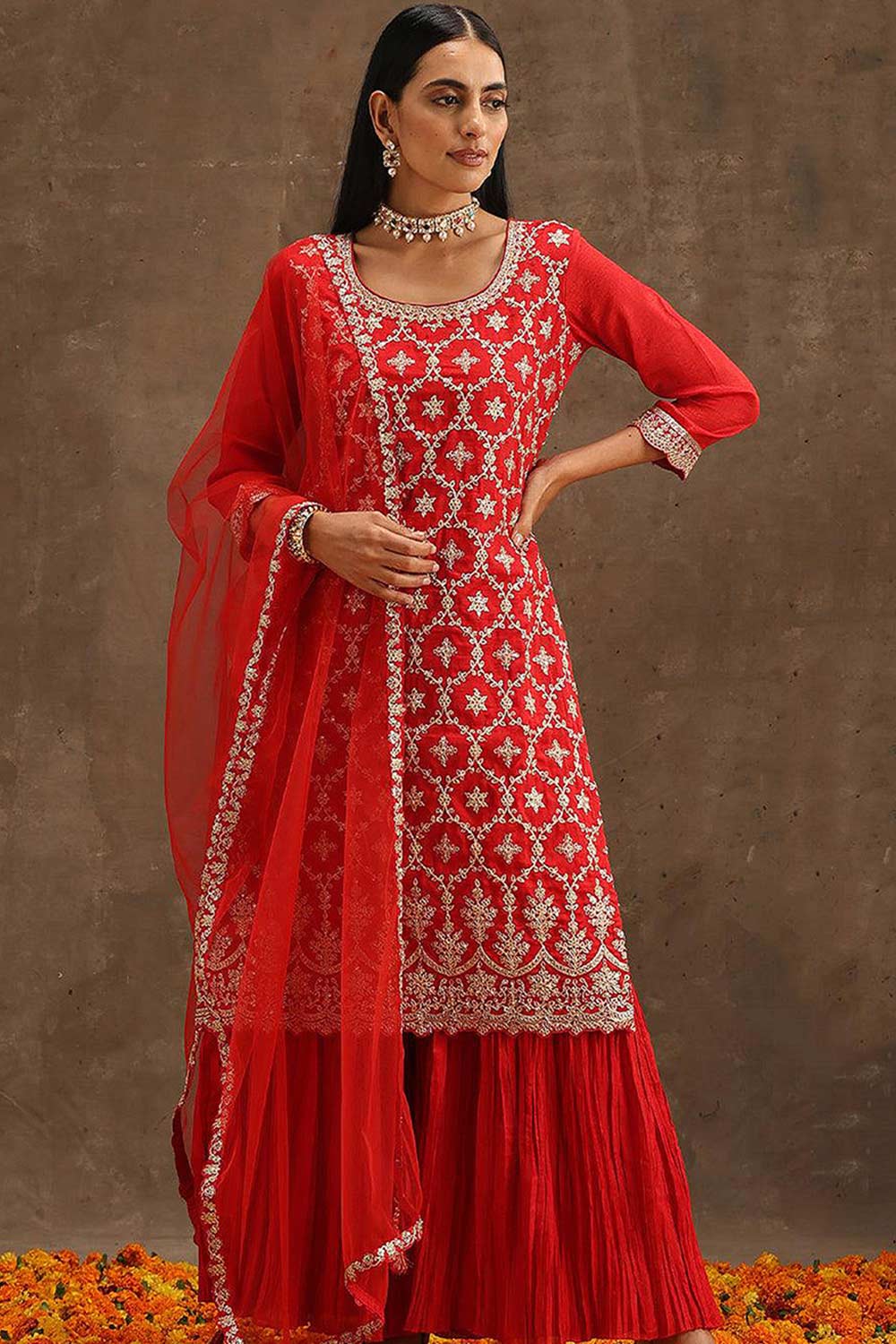 Red Georgette Embroidered Palazzo Suit