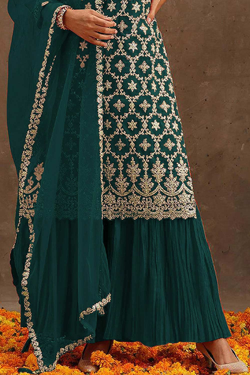 Dark Green Georgette Embroidered Palazzo Suit