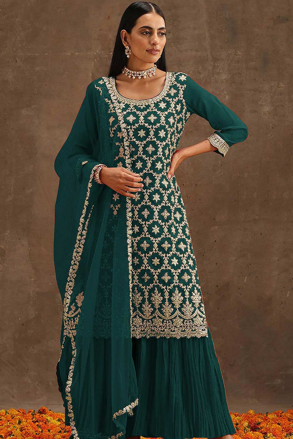 Dark Green Georgette Embroidered Palazzo Suit