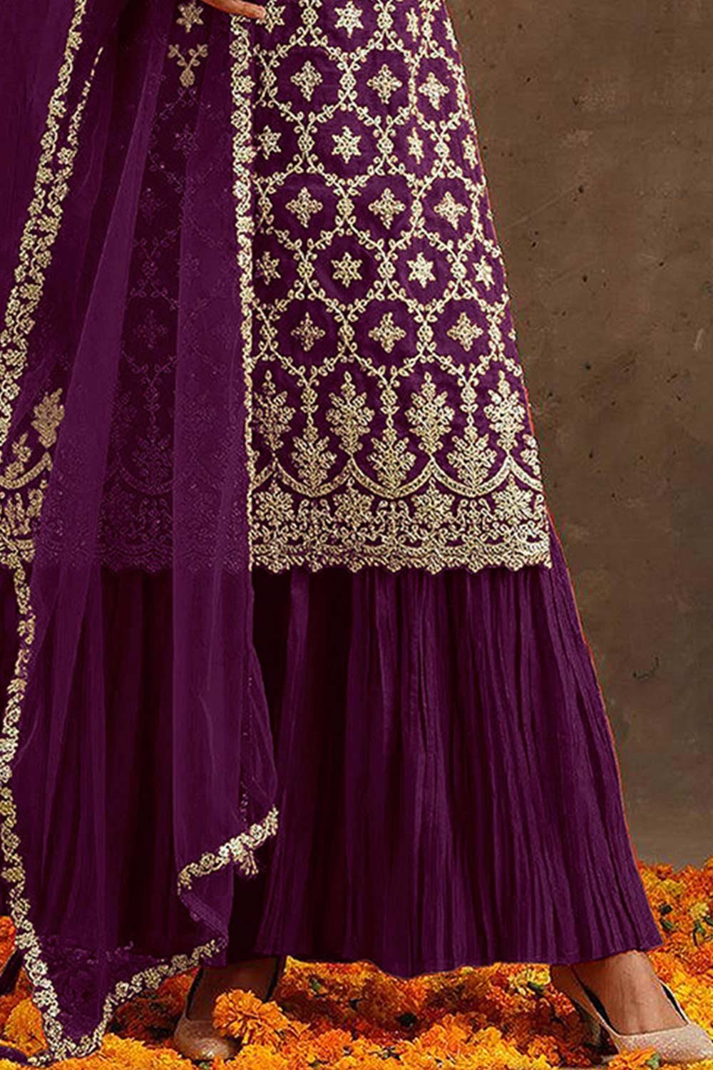 Purple Georgette Embroidered Palazzo Suit