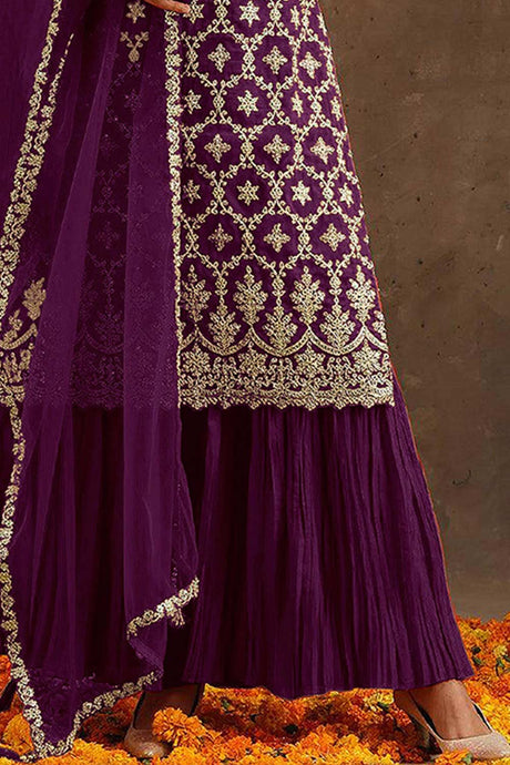 Purple Georgette Embroidered Palazzo Suit