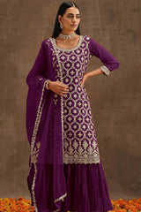 Purple Georgette Embroidered Palazzo Suit