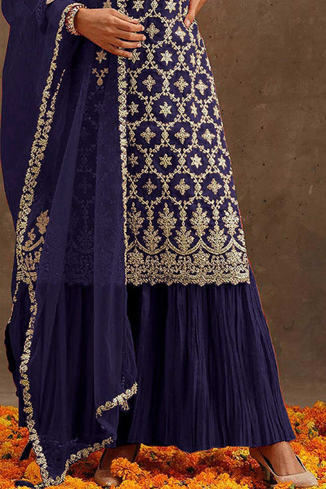 Navy Blue Georgette Embroidered Palazzo Suit