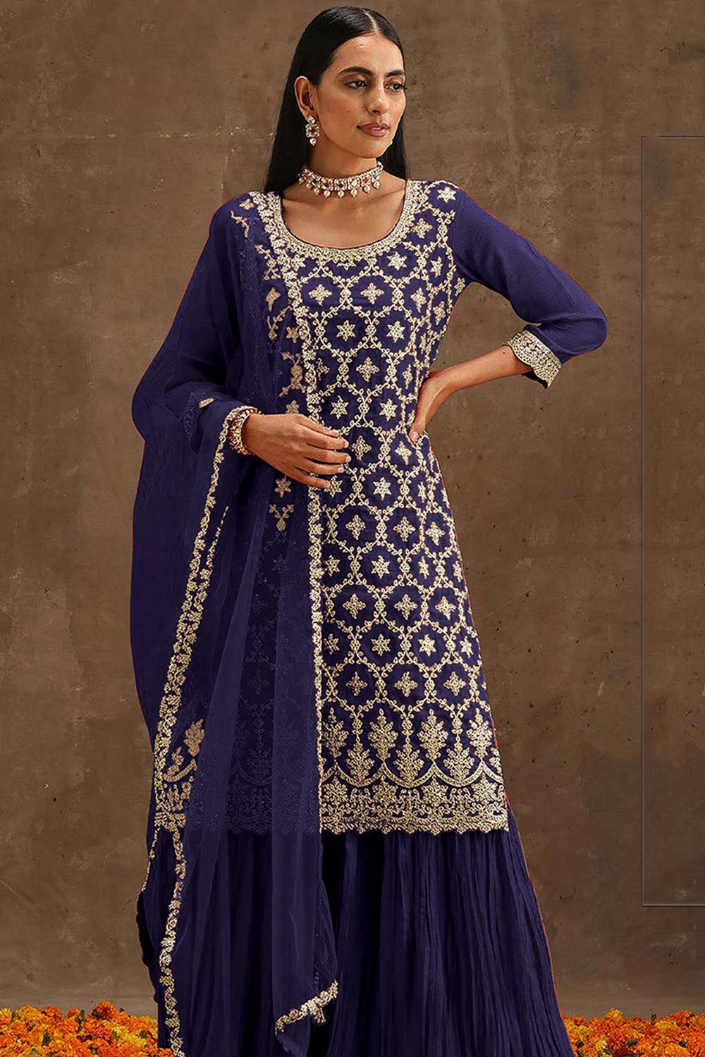 Navy Blue Georgette Embroidered Palazzo Suit