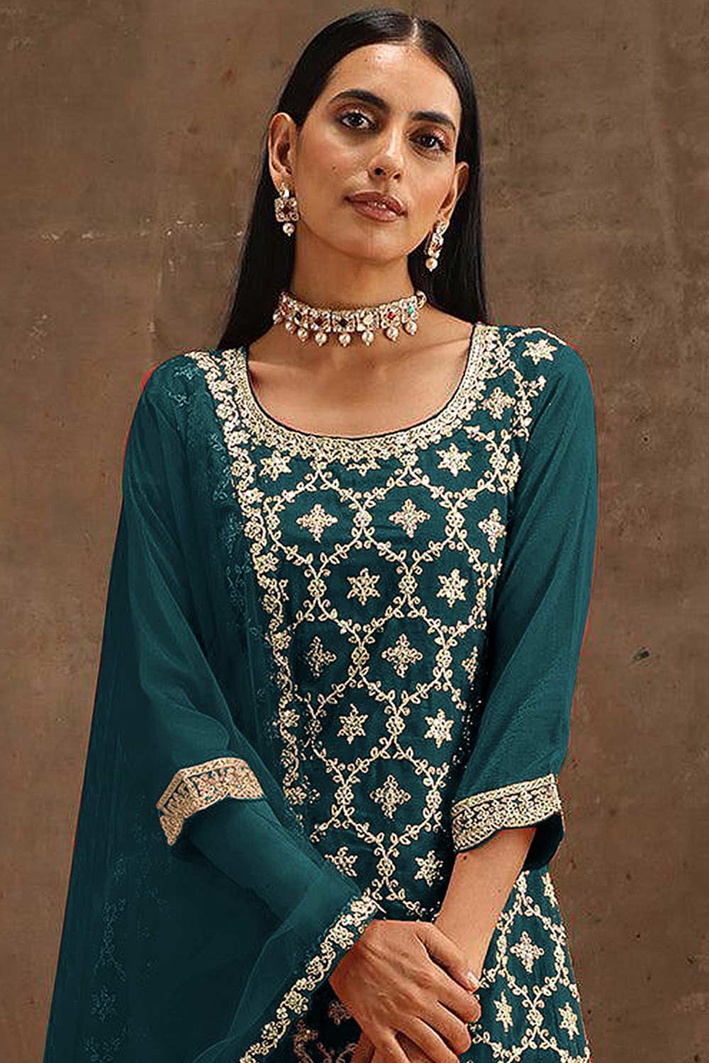 Teal Green Georgette Embroidered Palazzo Suit