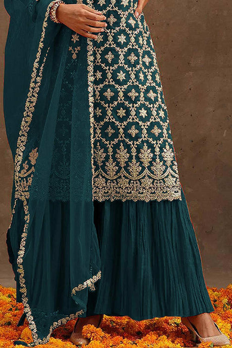 Teal Green Georgette Embroidered Palazzo Suit