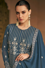 Teal Blue Faux Georgette Embroidered Anarkali Suit