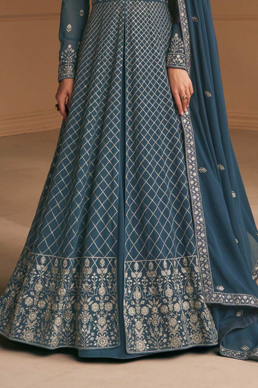 Teal Blue Faux Georgette Embroidered Anarkali Suit