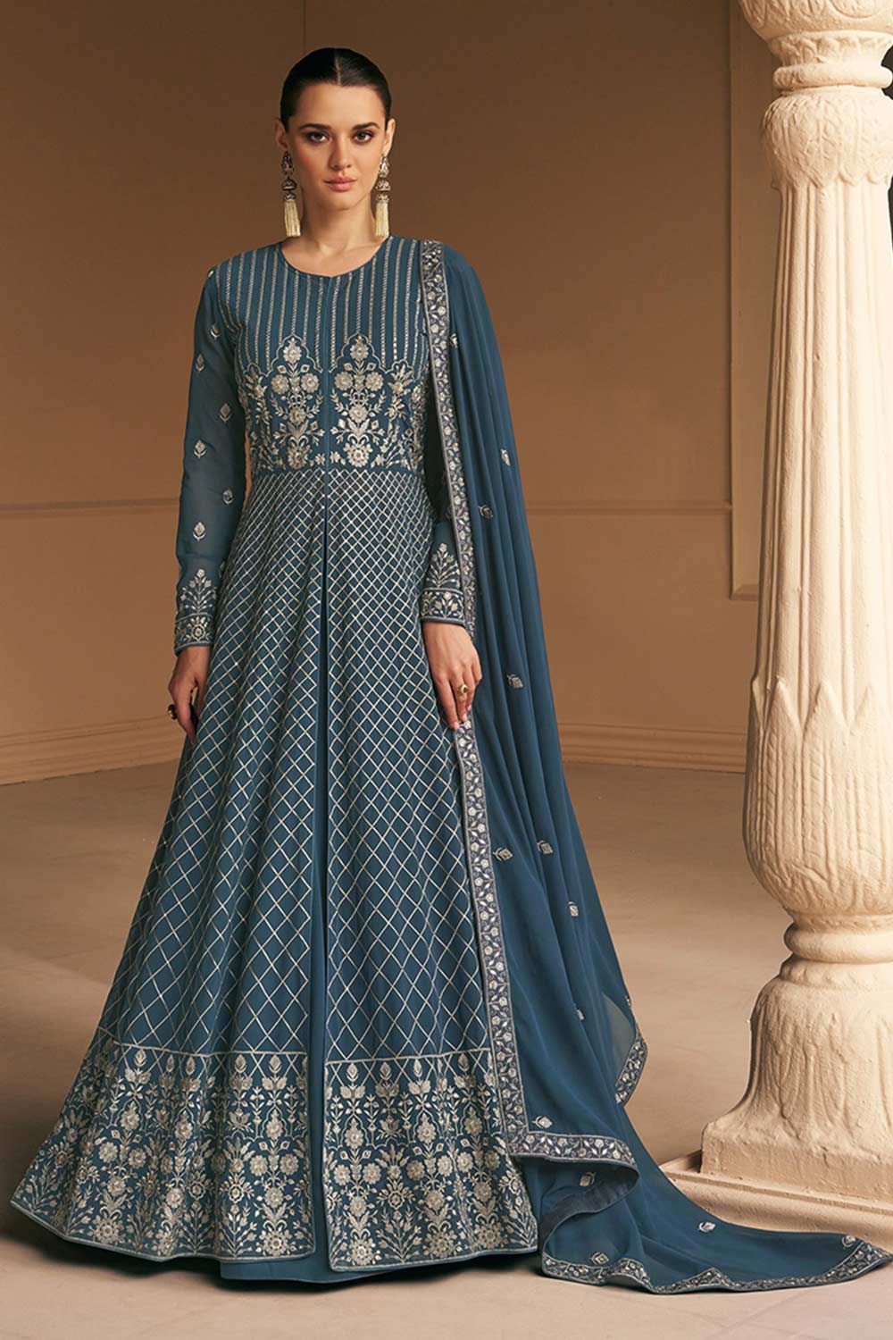 Teal Blue Faux Georgette Embroidered Anarkali Suit