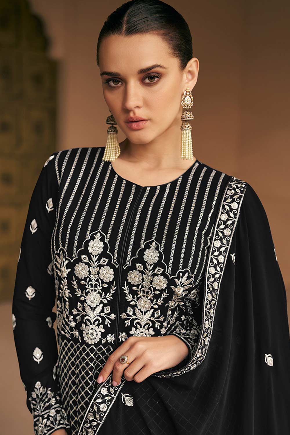 Black Faux Georgette Embroidered Anarkali Suit