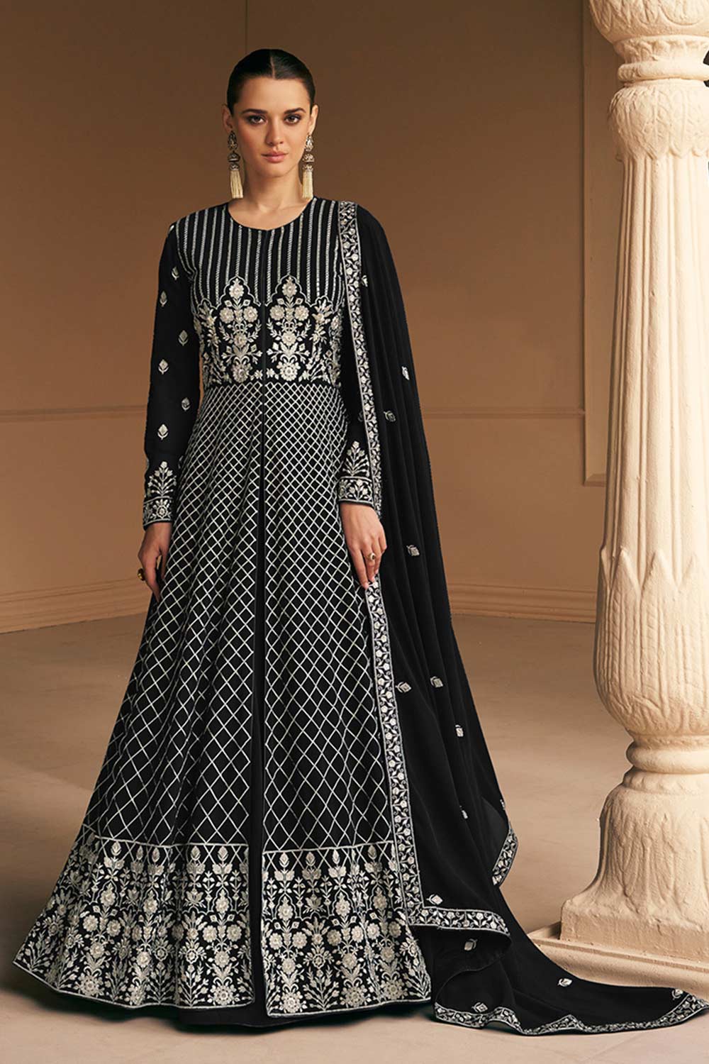 Black Faux Georgette Embroidered Anarkali Suit