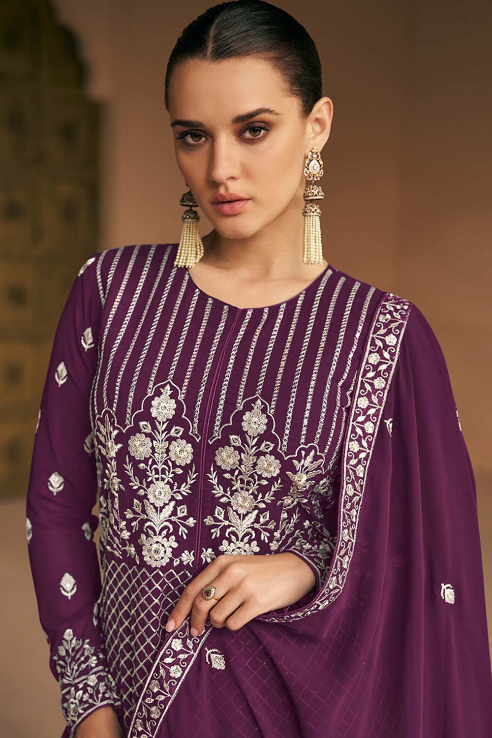 Purple Faux Georgette Embroidered Anarkali Suit