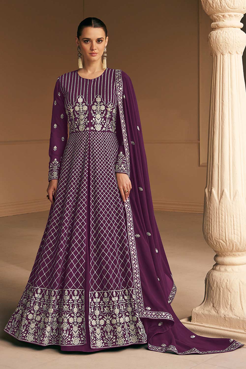 Purple Faux Georgette Embroidered Anarkali Suit