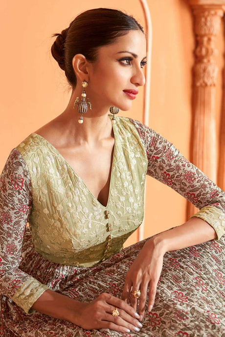 Olive Printed Georgette Designer Party Wear Suit