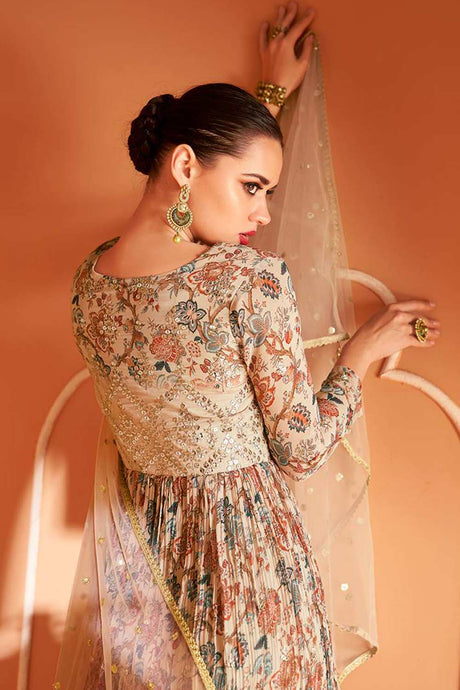 Beige Printed Georgette Designer Party Wear Suit