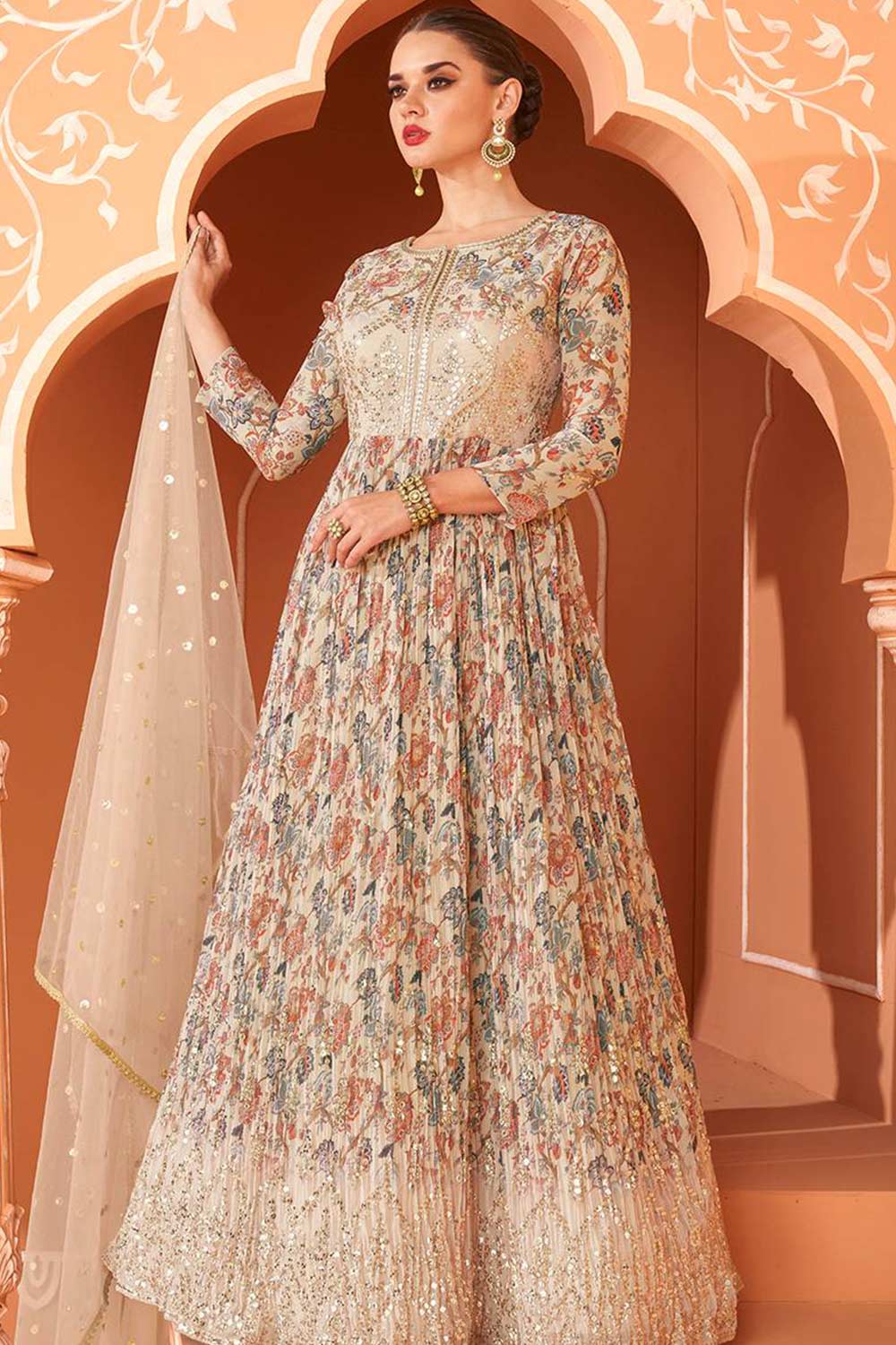 Beige Printed Georgette Designer Party Wear Suit