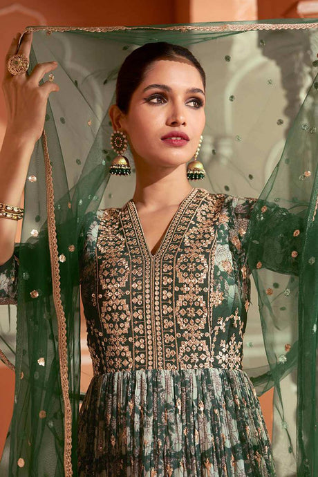 Dark Green Printed Georgette Designer Party Wear Suit