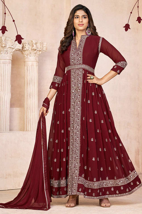 Maroon Heavy Georgette Embroidered Salwar Suit