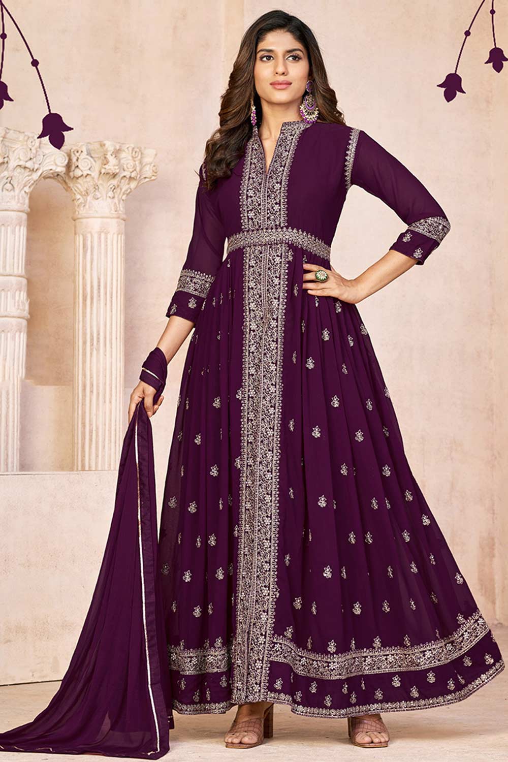 Purple Heavy Georgette Embroidered Salwar Suit