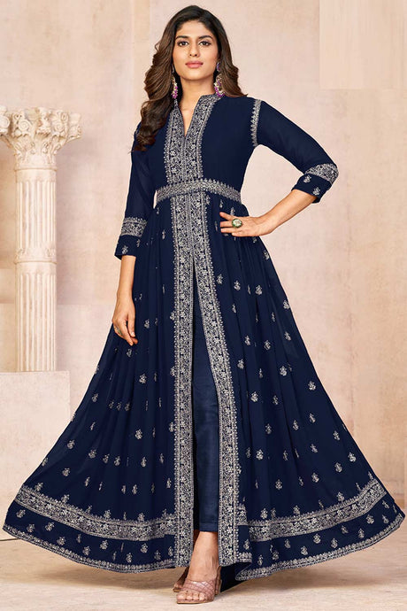 Navy Blue Heavy Georgette Embroidered Salwar Suit