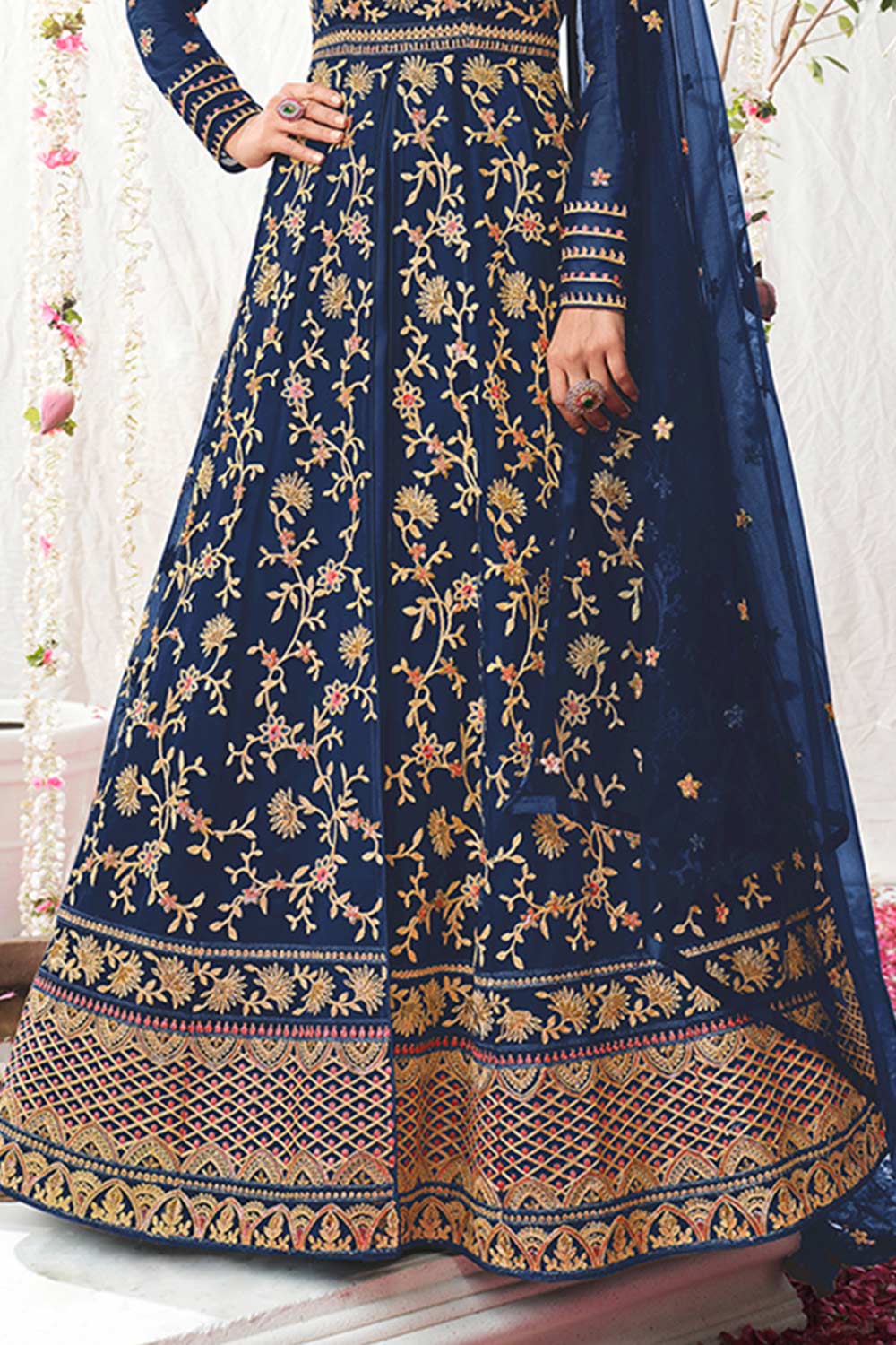 Navy Blue Soft Net Embroidered Wedding Dress