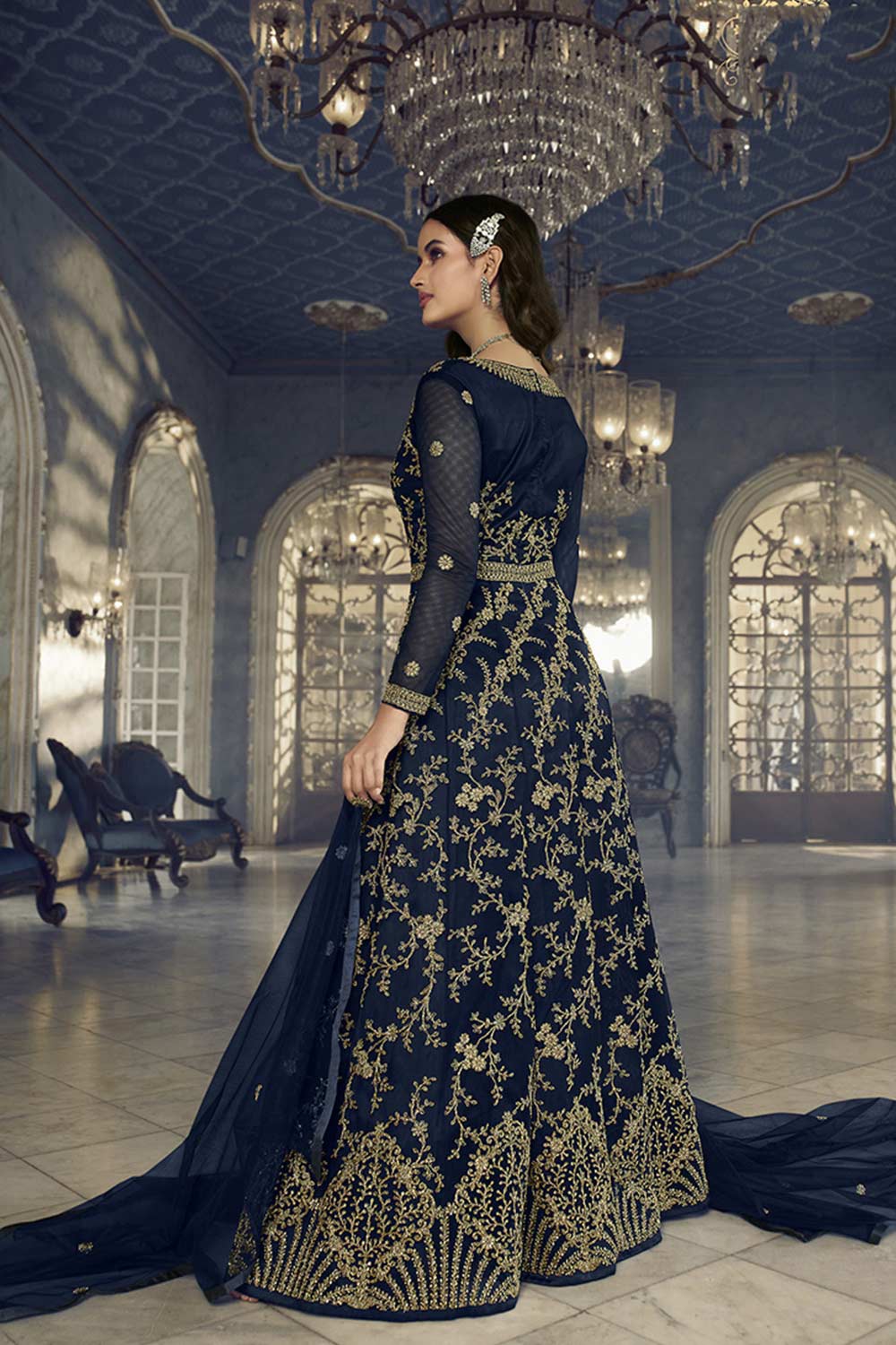 Navy Blue Soft Net Embroidered Designer Suit