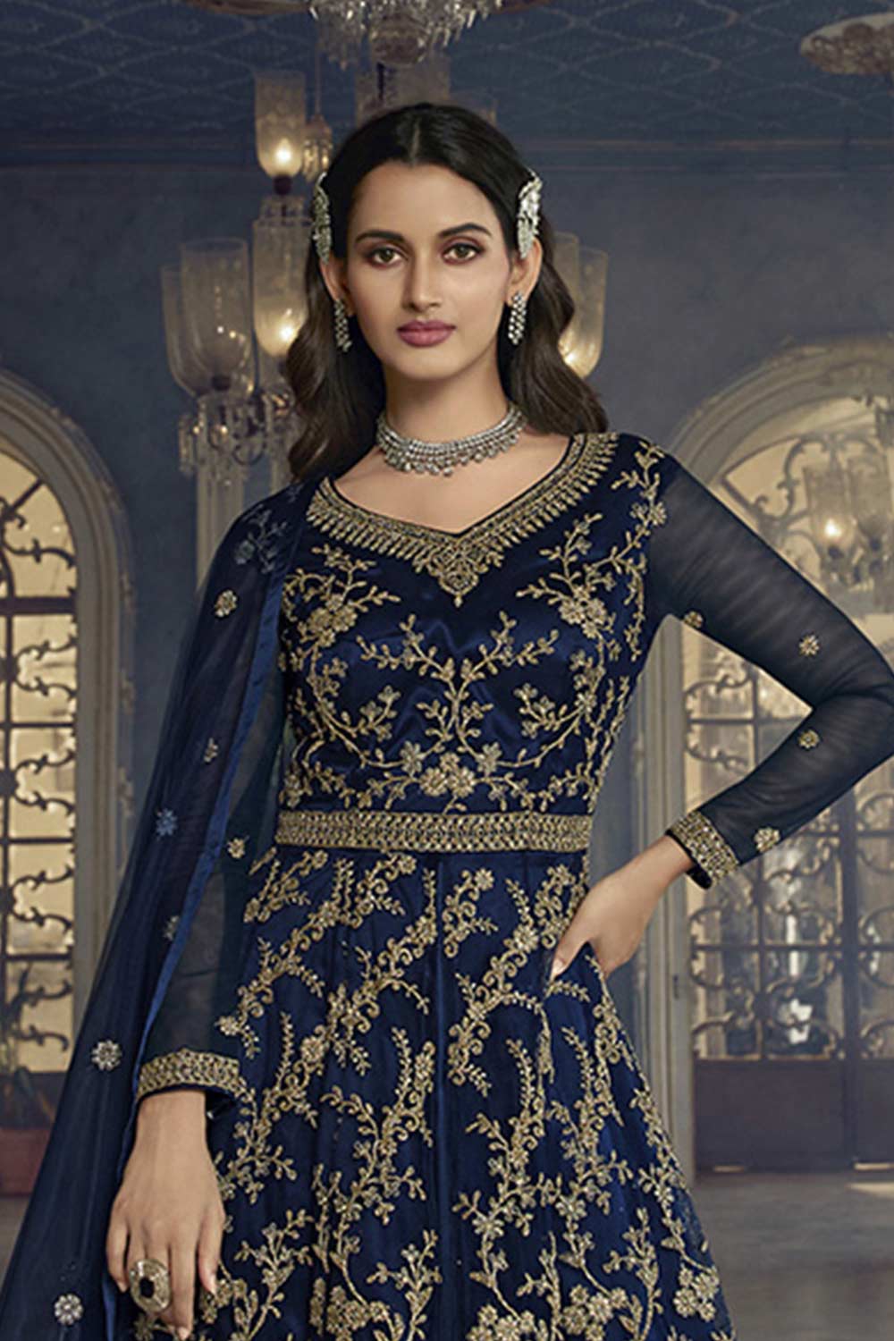 Navy Blue Soft Net Embroidered Designer Suit