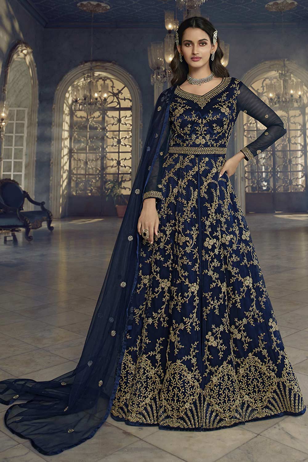 Navy Blue Soft Net Embroidered Designer Suit