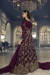 Wine Soft Net Embroidered Designer Suit