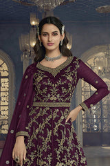 Wine Soft Net Embroidered Designer Suit