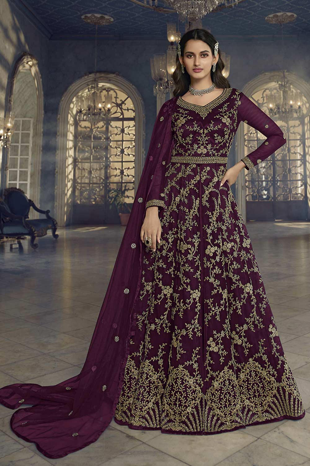 Wine Soft Net Embroidered Designer Suit