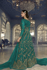 Teal Green Soft Net Embroidered Designer Suit