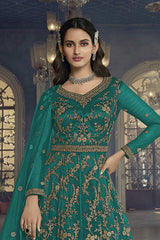 Teal Green Soft Net Embroidered Designer Suit