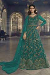 Teal Green Soft Net Embroidered Designer Suit