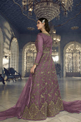 Mauve Soft Net Embroidered Designer Suit