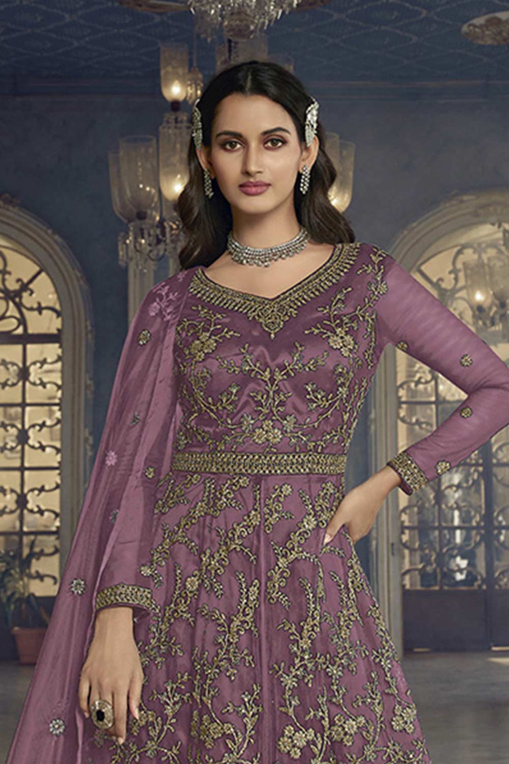 Mauve Soft Net Embroidered Designer Suit