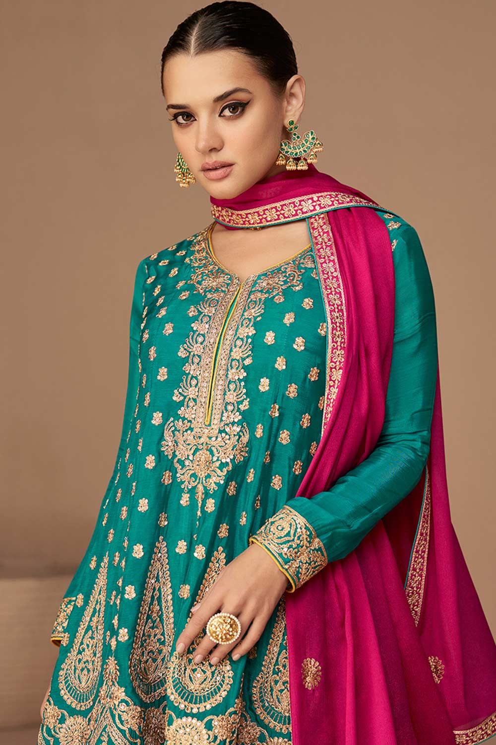 Teal Blue Chinon Silk Embroidered Party Wear Suit