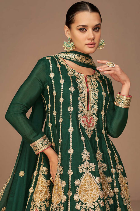 Dark Green Chinon Silk Embroidered Party Wear Suit