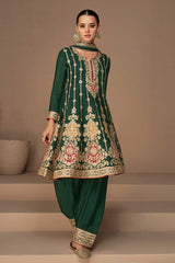 Dark Green Chinon Silk Embroidered Party Wear Suit