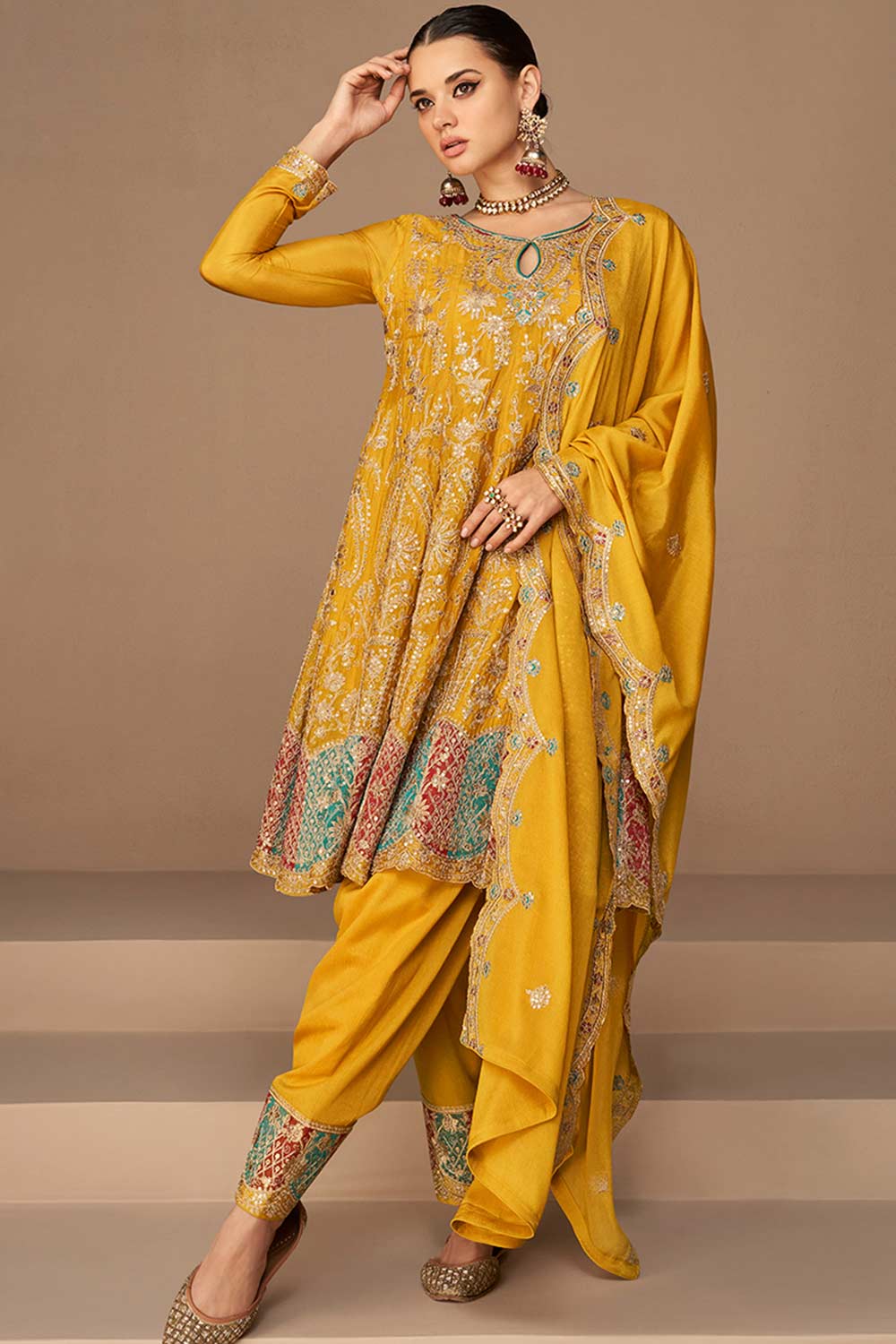 Mustard Chinon Silk Embroidered Party Wear Suit