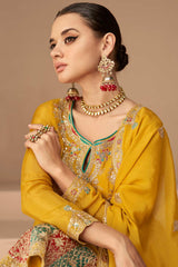 Mustard Chinon Silk Embroidered Party Wear Suit